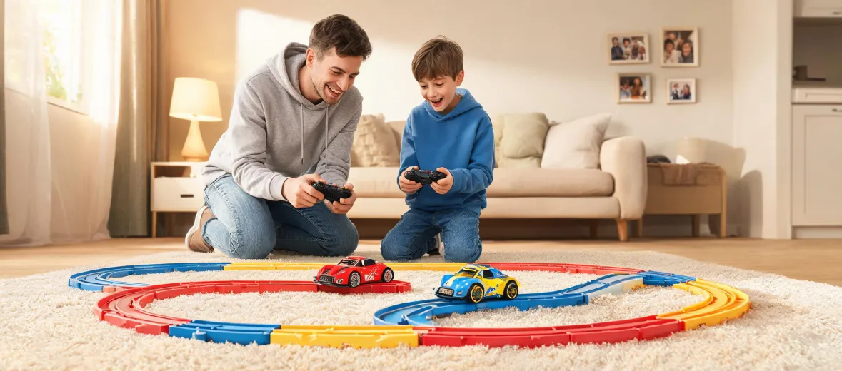 Parent and child driving Wltoys RC cars together