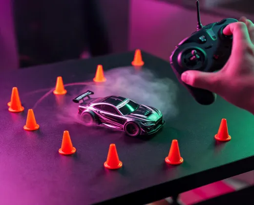 Mini RC drift car on a tabletop course