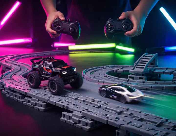 Wltoys RC truck racing on an indoor STEM play track