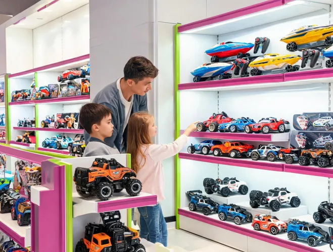 Kids and parent choosing RC toys by age and play space