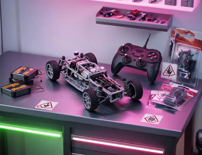 RC toy service bench with batteries and packaging samples